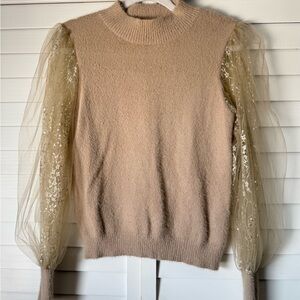 Elegant Beige Sweater with Sheer Sleeves